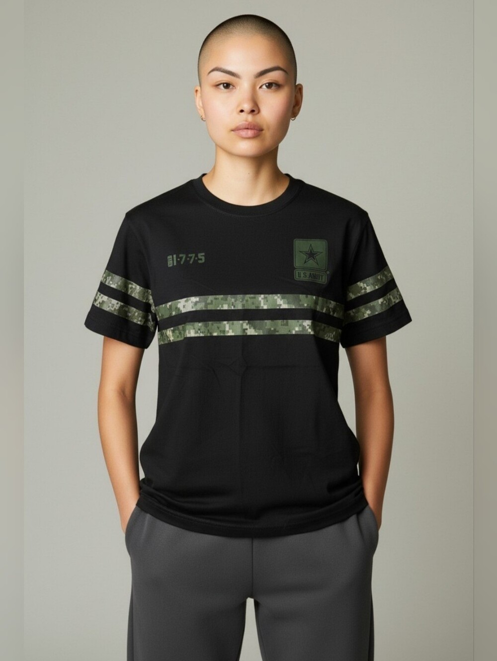 US Army Women's Size M Black W/ Green Camo Stripe EST 1775 Short Sleeve T-shirt.